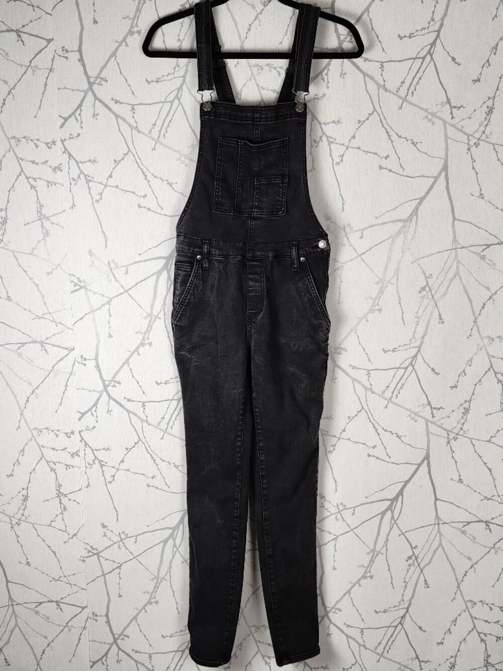 Silver Black Wash Stretch Denim Skinny Overalls